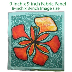 May include: A 9-inch x 9-inch fabric panel with an 8-inch x 8-inch image of a stylized flower. The flower has orange petals and a yellow center, set against a teal background with white squiggly lines. The text "elizabethclairestudio.com" is visible.