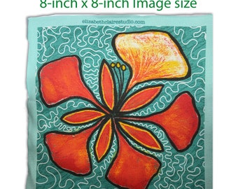 Fabric Panel Tropical Orange Flower , Small Pillow Cover, Tote Bag, Crafts with fabric, 9 inches x 9 inches Art Summer Tropical Decor