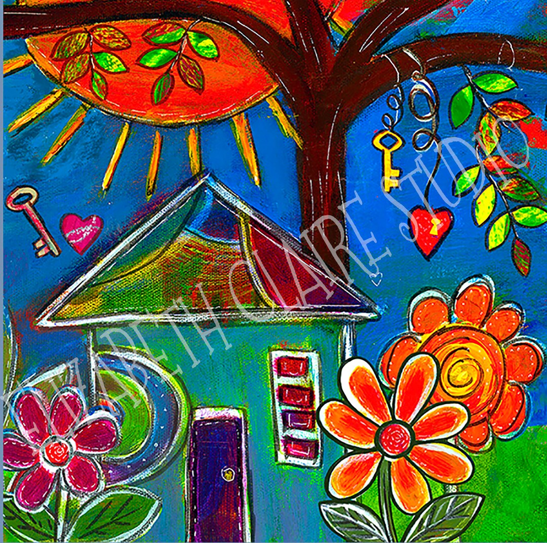 Colorful House and Garden Art Fabric Square for DIY, 5.5 X 5.5 Inches