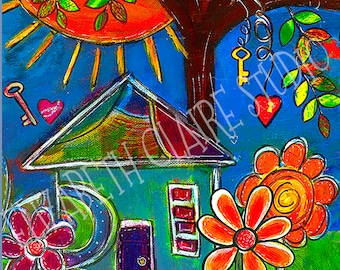 Colorful House  and Garden Art Fabric Square for DIY, 5.5 x 5.5 inches,Fabric Panel Artwork, DIY Crafts, Quilting, Patchwork, Zippered Pouch