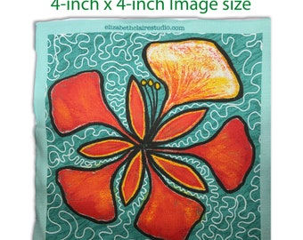 Fabric Panel Tropical Orange Flower , Bag, Crafts with fabric, Image is 4 inches x inches. Fabric Square for Quilting, Fabric for DIY