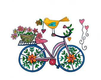 Bicycle Art Fabric Panel, Bird and Flowers Print, Cotton Linen Canvas (7.25x6 in)