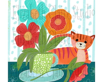 Cat Fabric Panel,  Orange Cat Fabric, Cat Fabric for quilting, Pet Lover, Image 4.25 inches x 4.25 inches, Art on Fabric by Elizabeth Claire