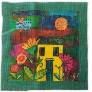 Whimsical House Fabric Panel, Quilting Fabric Square 4 inch x 4 inch Image Area, Yellow House Artwork on Fabric for DIY Crafts, Spring Art image 2