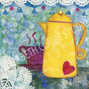 Yellow Teapot and Cup Art Fabric Panel, 5.5 x 5.5 image Area Fabric Piece, Quilting Fabric, DIY Fabric Craft, Heat Cold Pad, Potholder image 1