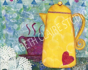 Yellow Teapot and Cup Art Fabric Panel, 5.5 x 5.5 image Area Fabric Piece, Quilting Fabric, DIY Fabric Craft, Heat Cold Pad, Potholder