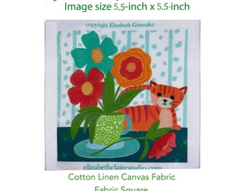 Cat Fabric Panel,  Orange Cat Fabric, Cat Fabric for quilting, Pet Lover Craft, 5.5 inch x 5.5 inch Image Area, Seam Allowance