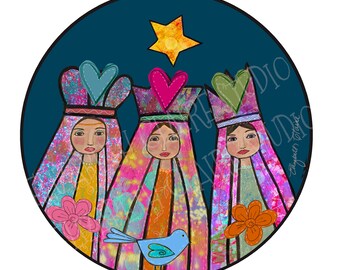 Three Queens Fabric Panel 7 inches x 7 inches, Wall Art, Christmas Gift, Quilt, Hot Pad, DIY projects, Pouch