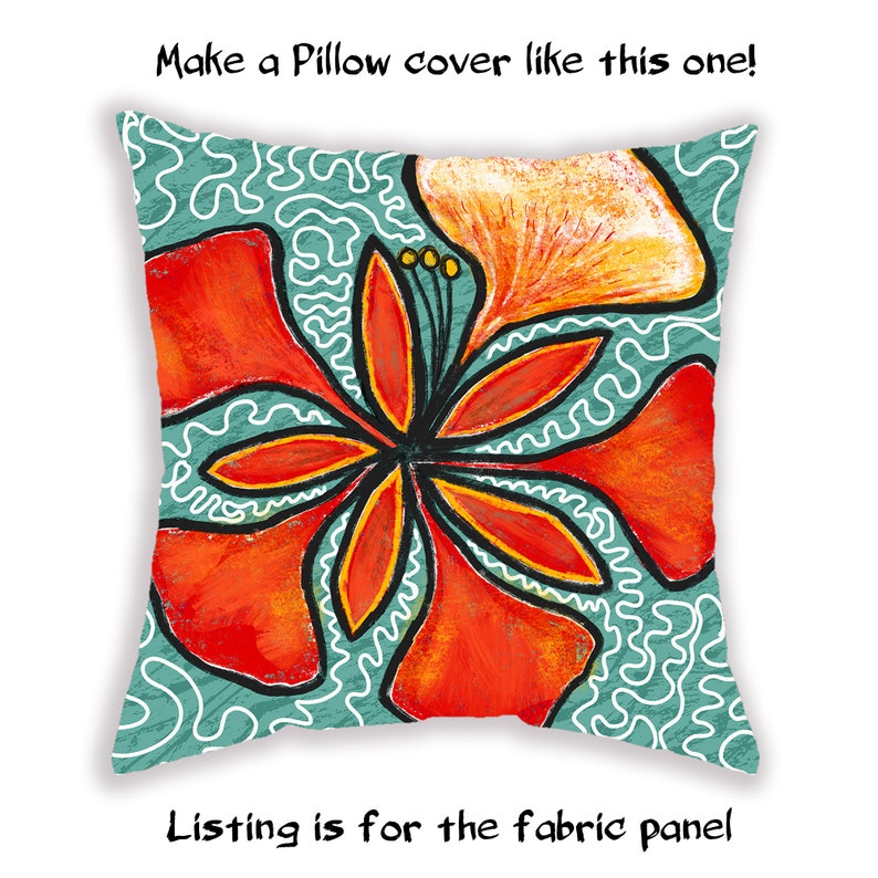 Fabric Panel Tropical Orange Flower , Pillow Cover, Tote Bag, Crafts with fabric, 13.5 inches x 13.5 inches Art Summer Tropical Decor image 3