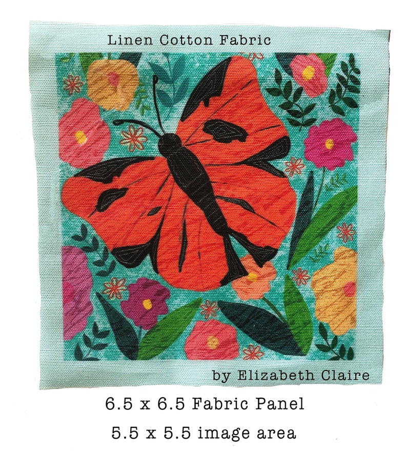 Orange Butterfly Fabric Square 6.5 x 6.5 inches, Fabric Panel for DIY Crafts, Quilting, Patchwork, Zippered Pouch Panel Projects image 1