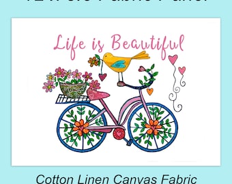 Life is Beautiful Bicycle Fabric Print Panel, 12 x 8.5 inches, Small Pillow, Wall Art, Fabric Crafts, DIY Pouch or Tote, Quilting Fabric