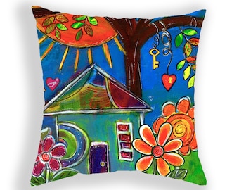 Colorful Pillow, Country Farmhouse Folk Art Decorative Pillow Cover, 17x17 inches, Whimsical Home Decor, Pillow Covers, Accent Pillow