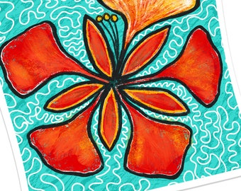 Fabric Panel Tropical Orange Flower , Pillow Cover, Tote Bag, Crafts with fabric, 13.5 inches x 13.5 inches Art Summer Tropical Decor