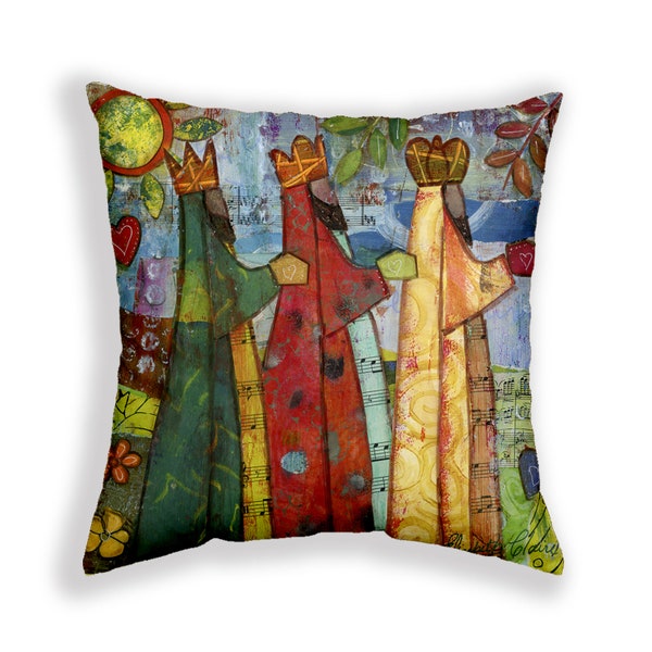 Three Wise Men Art Pillow Cover, Christmas Decor, Holiday Decorations, Colorful Cotton Linen Canvas Pillow Cover, Puerto Rican Art