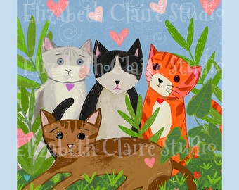 Cats Fabric Panel, Four Cats Fabric, Cat Quilt Quilting Fabric, Cat Lover Craft, 6 x 6 inches image area, Art Fabric, Elizabeth Claire