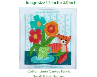 Cat Fabric Panel,  Orange Cat Fabric, Cat Fabric for quilting, Pet Lover Craft, 3.25 inch x 3.25 inch, Art on Fabric by Elizabeth Claire