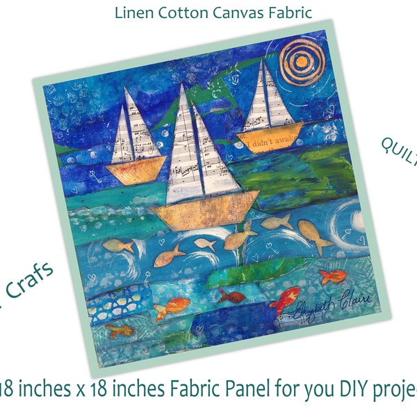 Boats Fabric Square 18 x 18 inches, Fabric Panel for DIY Crafts, Quilting, Sea Art, Pillow Cover, Wall Hanging, Wall Art