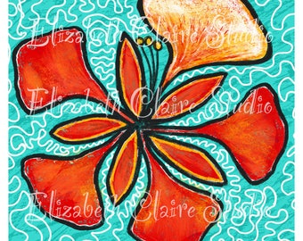 Tropical Orange Flower Fabric Panel 11.5x11 image area, DIY Throw Pillow Cover. Quilt. Fabric Wall Art, Art for framing, Decor