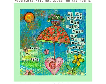 Umbrella Colorful Fabric Square 6.5 x 6.5 inches, Inspirational Art, DIY Crafts, Quilting, Patchwork, Zippered Pouch Panel Projects