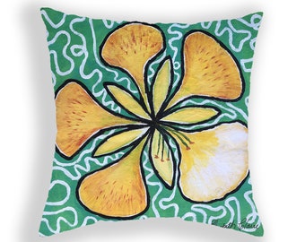 Tropical Yellow Flower Pillow Cover, Unique Throw Pillow Cover, Patio Pillow, Colorful Accent Pillow, 17 inches x 17 inches Summer Decor