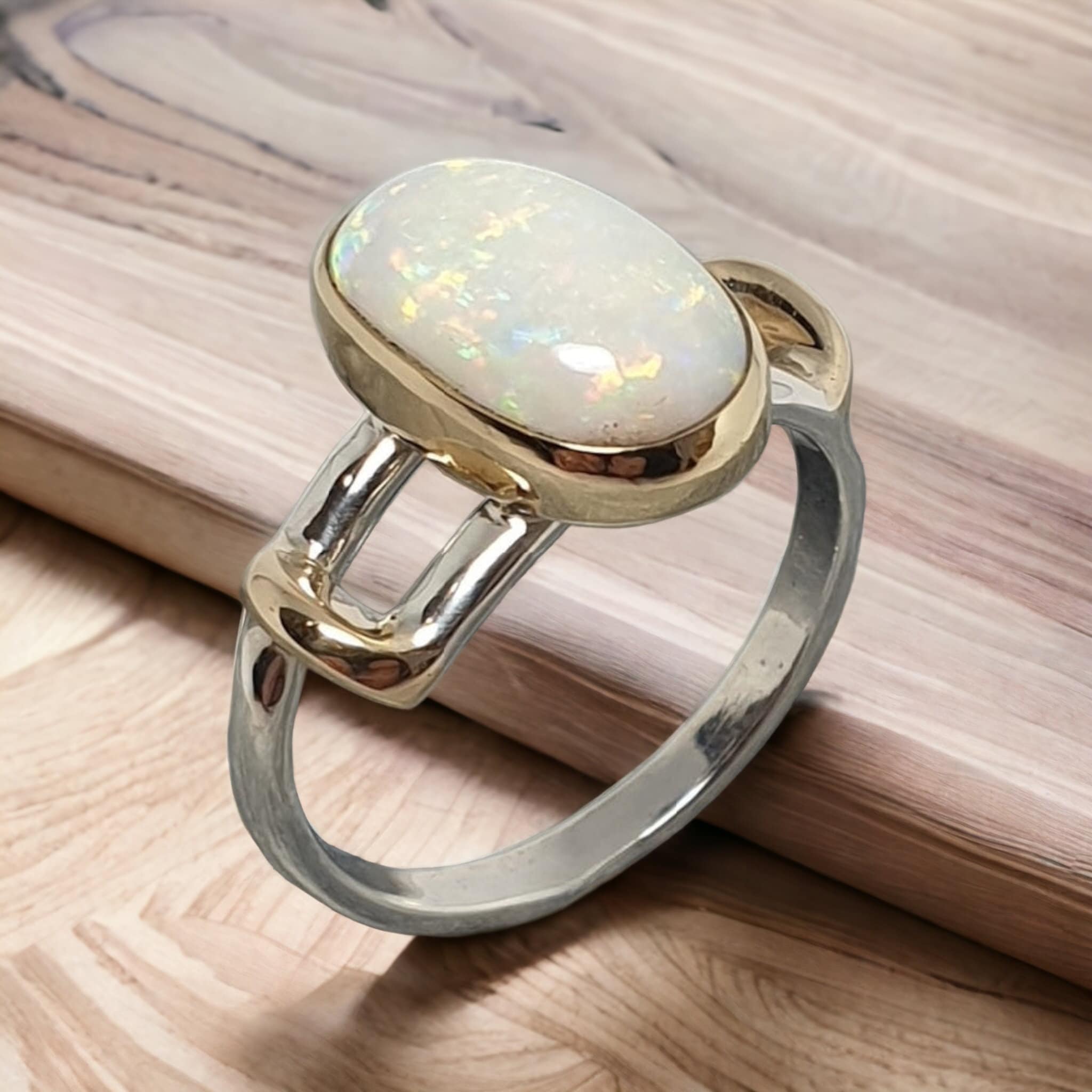 Gold and silver solid white Australian opal ring!