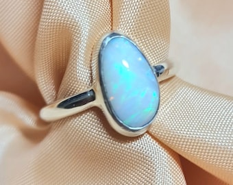 Coober Pedy Solid White Tear Drop Opal Silver Ring