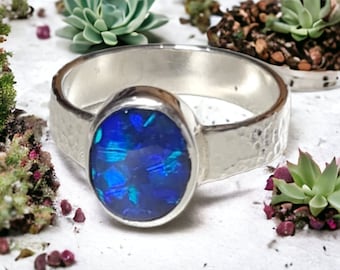 Mystic Blue Lightning Ridge Crystal Opal Ring 080F
