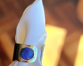 Lightning Ridge Blue Black Opal Adjustable Silver Ring * Australian * Handmade 085c