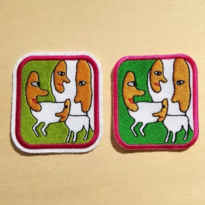 Tawa Herd Patches, Embroidered, Homemade Applique, Iron-On Patches, Weird, Funny, Surreal, Green, Yellow-Green, Pink, Red