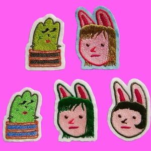 Cute and fun small applique patch featuring a cute baby rabbit and a cute cactus. Perfect for homemade embroidered iron-on masks.