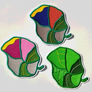 Fiore foglia, fiore tromba, patchwork di foglie, patchwork, fiore sottile, toppa floreale, applicazione di piante, toppa termoadesiva ricamata fatta in casa