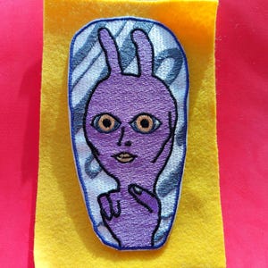 Embroidered Iron-On Patch with Goggle Eyes, Applique, Homemade Patch, Funny Patch, Weird Patch, Creature Patch, Horror Patch, Dark Patch, Unique, Hand, Eye, Finger Patch, Glitter, Purple, Blue, Made in Japan