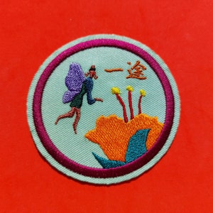 Single-minded patch, embroidered sunglasses, fairy, flower, Japanese, kanji, strange, interesting, surreal, homemade, embroidered iron-on patch