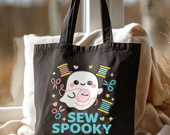 Sew Gruselige Geist Tragetasche, süße Geist Halloween Nähtasche, Baumwoll Canvas Markttasche, Quilter Crafter Geschenk, Umweltfreundliches Süßes oder Saures