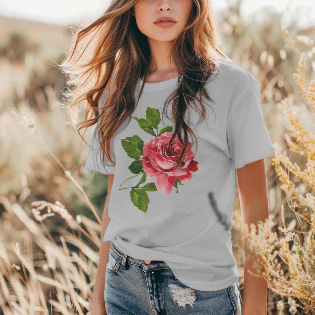 Beautiful Red Rose Flower Watercolor Art T-shirt, Artistic Floral