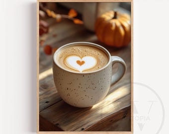 Latte Art Kaffeetasse Ölgemälde zum ausdrucken, rustikale Barista Wandkunst, gemütliches Cappuccino Schaumherz, Herbst Cafe Dekor, Digitaldruck P0024