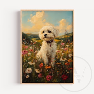 May include: A framed art print of a white dog sitting in a field of colorful wildflowers. The dog has a red collar and is the focal point of the painting. The background features rolling hills and a cloudy sky, creating a serene landscape.