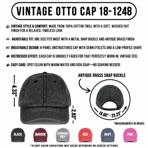 K&ouml;nnte beinhalten: Eine schwarze Vintage Otto Cap 18-1248 Baseballkappe mit Used-Look. Die Kappe besteht aus 100 % Baumwoll-Twill und hat eine verstellbare Passform mit Metallschnalle. Die Kappe ist 11 cm hoch und 7,2 cm breit, mit einem verstellbaren Umfang von 47,2 bis 59 cm.