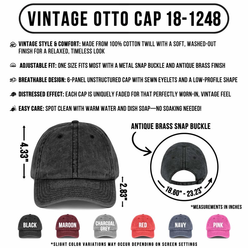 K&ouml;nnte beinhalten: Eine schwarze Vintage Otto Cap 18-1248 Baseballkappe mit Used-Look. Die Kappe besteht aus 100 % Baumwoll-Twill und hat eine verstellbare Passform mit Metallschnalle. Die Kappe ist 11 cm hoch und 7,2 cm breit, mit einem verstellbaren Umfang von 47,2 bis 59 cm.