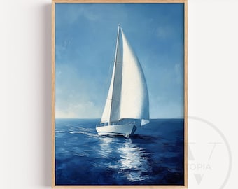 White Sailboat Wall Art Printable, Minimalist Ocean Oil Painting Style, Modern Nautical Home Decor, Coastal Blue Sea Digital Print P0019