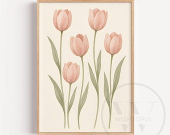 Arte mural de tulipanes rosa ruborizado, estampado floral botánico en acuarela, decoración minimalista escandinava, impresión digital floral primaveral imprimible P0011
