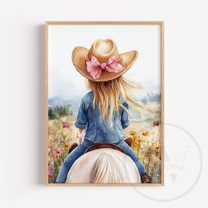 Cowgirl kwekerij muur kunst afdrukbare, blond meisje rijdt paard, baby pony weiland scène, westelijk landschap, rustieke aquarel kamer decor P0014
