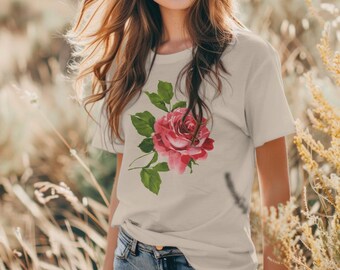Beautiful Red Rose Flower Watercolor Art T-shirt, Artistic Floral