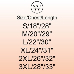 May include: Size chart for clothing with measurements in inches. The chart shows sizes S, M, L, XL, 2XL, and 3XL with corresponding chest and length measurements.