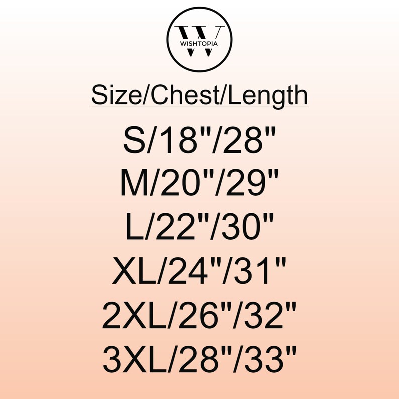 May include: Size chart for clothing with measurements in inches. The chart shows sizes S, M, L, XL, 2XL, and 3XL with corresponding chest and length measurements.
