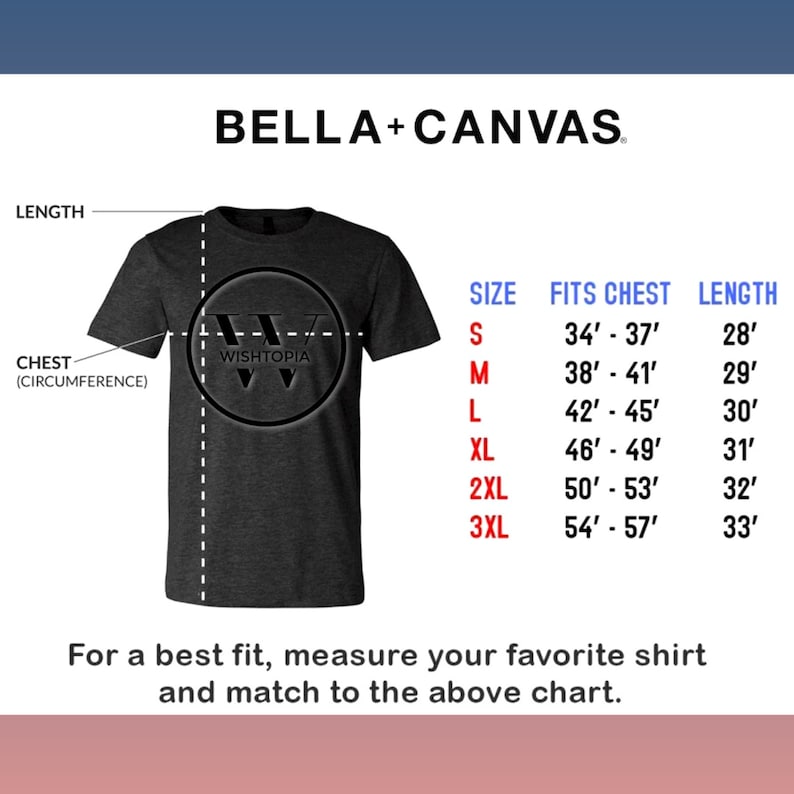 May include: Size chart for Bella + Canvas t-shirts. The chart shows the size, chest measurement in inches, and length in inches. The chart is for unisex t-shirts.