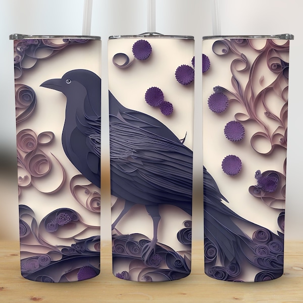 Beautiful Black Crow Raven Bird Paper Art 20 oz Skinny Tumbler Sublimation Seamless Design, Instant Digital Download PNG, Tumbler Wrap Gift