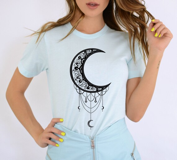 Crescent Moon Shirt Black Dreamcatcher Mandala Pattern T-Shirt Floral Celestial Boho Moon Art Design Astrology Gift for Her Goth Women Gift