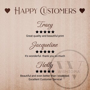 K&ouml;nnte beinhalten: Ein beigefarbener Hintergrund mit den Worten "HAPPY CUSTOMERS" in brauner Schrift sowie Kundenbewertungen. Die Testimonials enthalten Namen, Sternebewertungen und positive Kommentare zur Produktqualit&auml;t und zum Service.