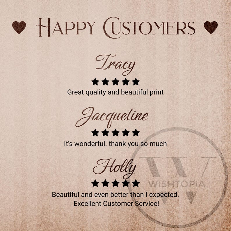 K&ouml;nnte beinhalten: Ein beigefarbener Hintergrund mit den Worten "HAPPY CUSTOMERS" in brauner Schrift sowie Kundenbewertungen. Die Testimonials enthalten Namen, Sternebewertungen und positive Kommentare zur Produktqualit&auml;t und zum Service.